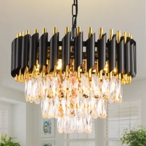 Black and Gold Crystal Chandelier Pendant Light Fixture Flush Mount Ceiling Lighting 3 Tiers Modern Crystal Chandeliers