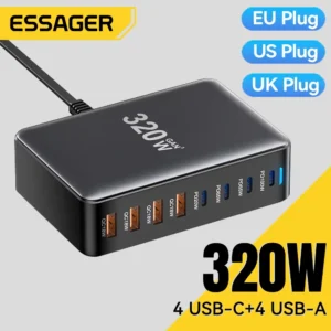 Essager 320W GaN Charger 8Port USB Type C Desktop Charging Station PD 100W Fast Charging For iPhone 16 15 14 iPad MacBook Laptop