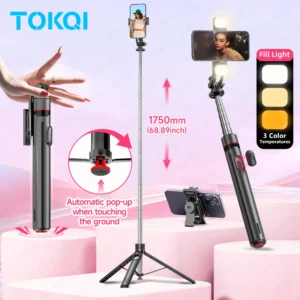 TOKQI TT02 Auto Pop Open Tripod Selfie Stick for Cellphone Shooting with Magnetic Wireless Bluetooth Remote, Optional Fill Light