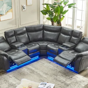 Power Recliner Sectional Sofa with LED Lights, USB, Cup Holders Storage Console Faux Leather Wall Hugger Living Room Couch