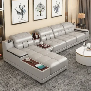 Stylish Italian Genuine Leather Sofa for Living Room with Cup Holder, USB, Adjustable Headrests & Bluetooth Speaker - Lazy Sofa